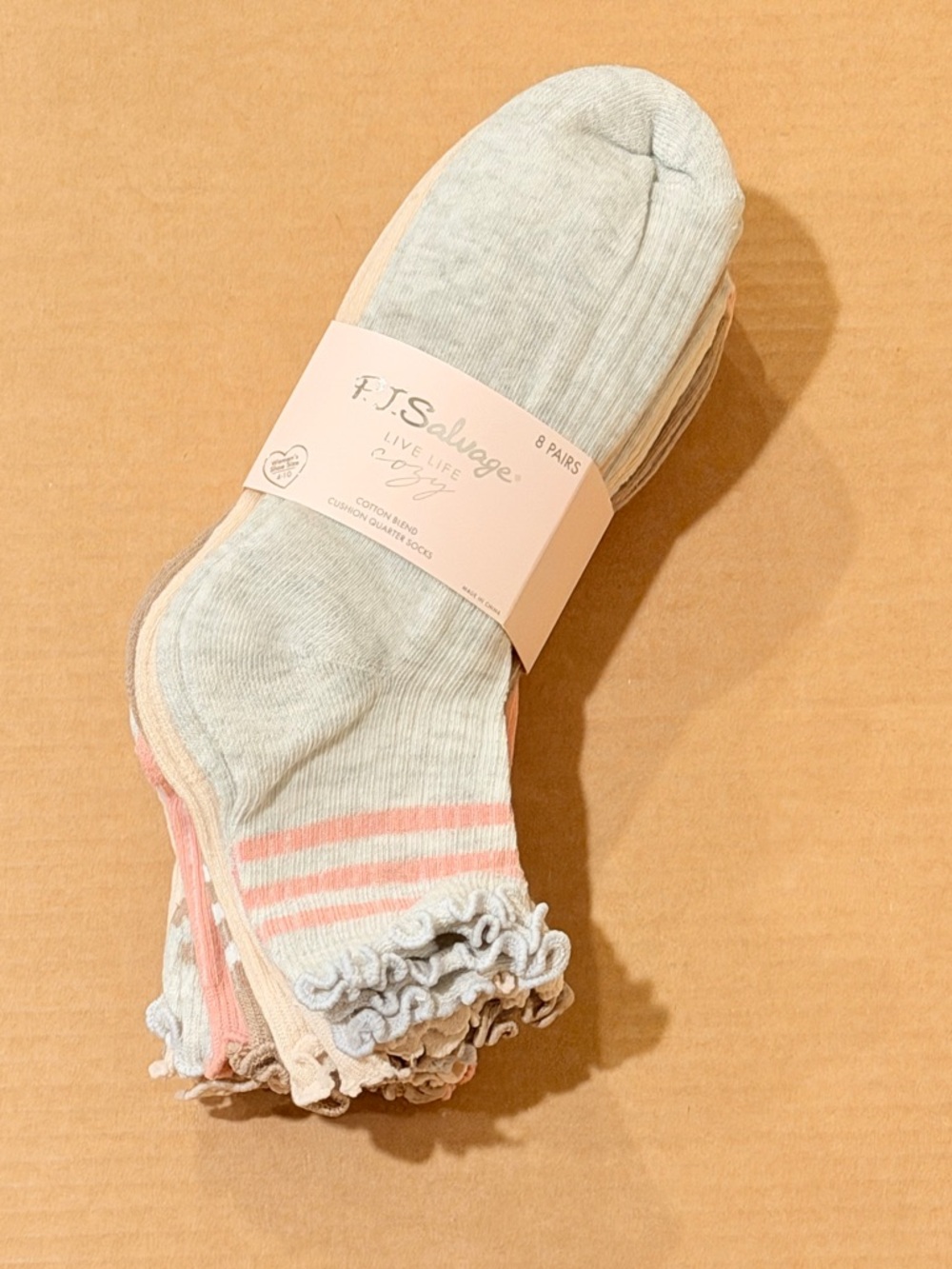 PJ Salvage Women’s Lettuce Edge Cushion Quarter Socks 8 Pairs | Grey/Pink/Brown